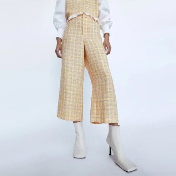 NWT Zara yellow tan & white tweed cropped wide leg culottes, L - Picture 3 of 10